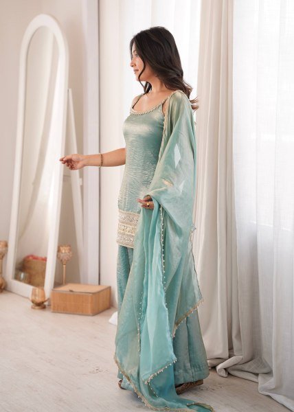Intricate Green Crush Suit Sleeveless Set with Real Mirror Work With Zig Zag Dori Pattern  Ready To Wear Collection