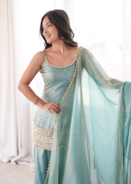 Intricate Green Crush Suit Sleeveless Set with Real Mirror Work With Zig Zag Dori Pattern  Ready To Wear Collection