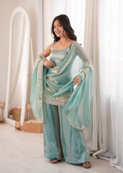 Intricate Green Crush Suit Sleeveless Set with Real Mirror Work With Zig Zag Dori Pattern  Ready To Wear Collection