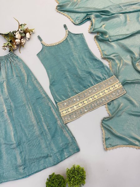 Intricate Green Crush Suit Sleeveless Set with Real Mirror Work With Zig Zag Dori Pattern  Ready To Wear Collection