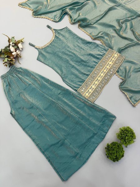 Intricate Green Crush Suit Sleeveless Set with Real Mirror Work With Zig Zag Dori Pattern  Ready To Wear Collection