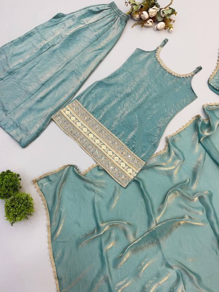 Intricate Green Crush Suit Sleeveless Set with Real Mirror Work With Zig Zag Dori Pattern  Ready To Wear Collection