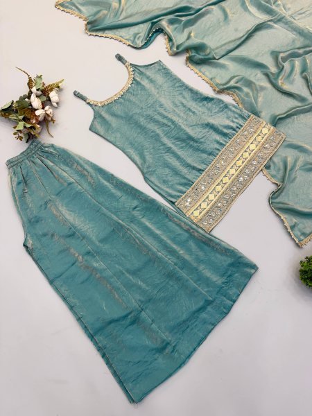 Intricate Green Crush Suit Sleeveless Set with Real Mirror Work With Zig Zag Dori Pattern  Ready To Wear Collection