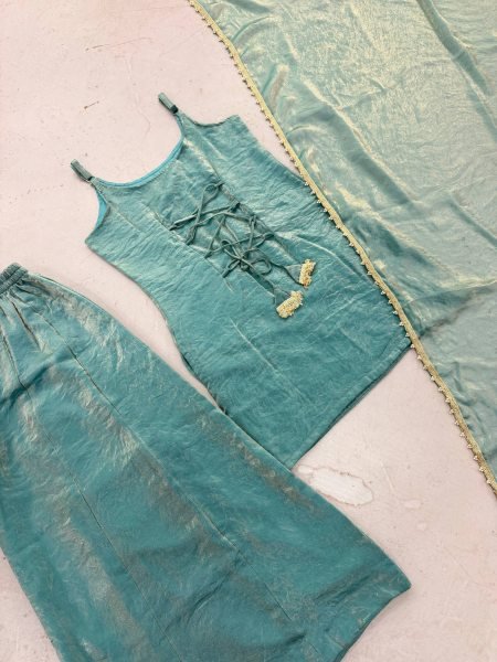 Intricate Green Crush Suit Sleeveless Set with Real Mirror Work With Zig Zag Dori Pattern  Ready To Wear Collection