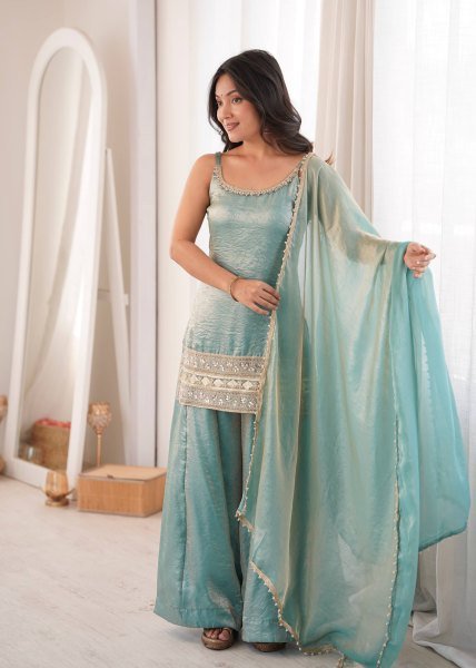 Intricate Green Crush Suit Sleeveless Set with Real Mirror Work With Zig Zag Dori Pattern  Ready To Wear Collection