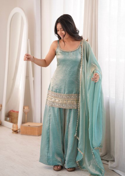 Intricate Green Crush Suit Sleeveless Set with Real Mirror Work With Zig Zag Dori Pattern  Ready To Wear Collection