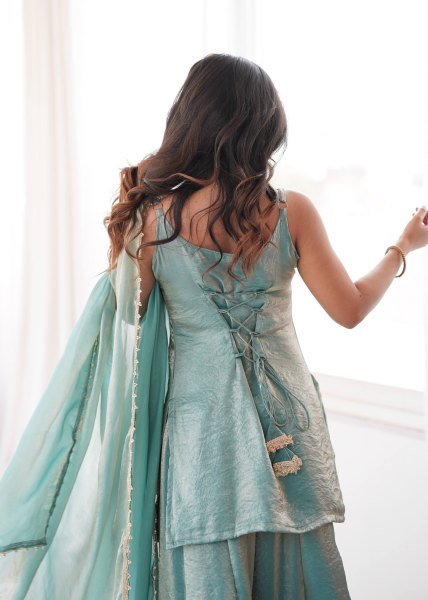 Intricate Green Crush Suit Sleeveless Set with Real Mirror Work With Zig Zag Dori Pattern  Ready To Wear Collection