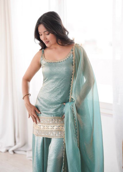 Intricate Green Crush Suit Sleeveless Set with Real Mirror Work With Zig Zag Dori Pattern  Ready To Wear Collection