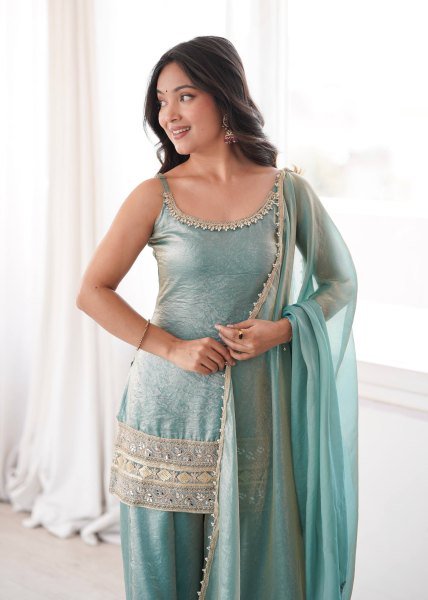 Intricate Green Crush Suit Sleeveless Set with Real Mirror Work With Zig Zag Dori Pattern  Ready To Wear Collection