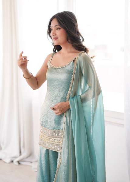 Intricate Green Crush Suit Sleeveless Set with Real Mirror Work With Zig Zag Dori Pattern  Ready To Wear Collection