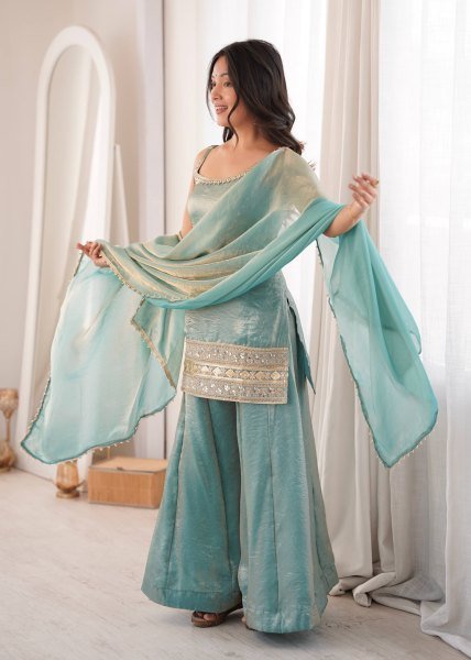 Intricate Green Crush Suit Sleeveless Set with Real Mirror Work With Zig Zag Dori Pattern  Ready To Wear Collection