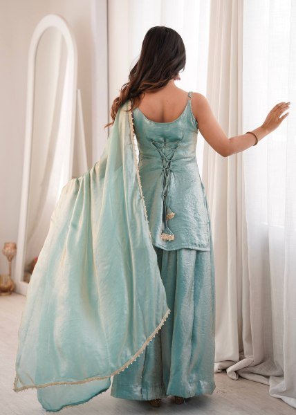 Intricate Green Crush Suit Sleeveless Set with Real Mirror Work With Zig Zag Dori Pattern  Ready To Wear Collection