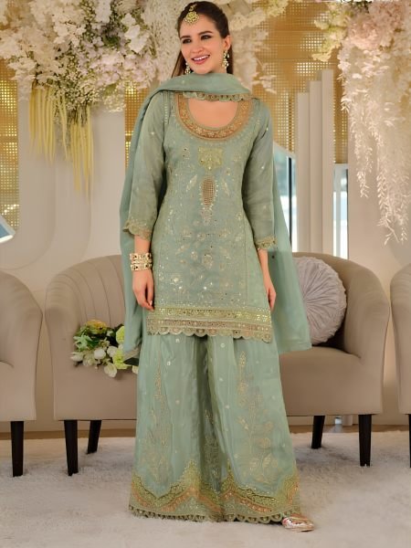 Intricate Green Heavy Dola Silk Palazzo Outfit with Sequins Top and Worked Dupatta Salwar Kameez