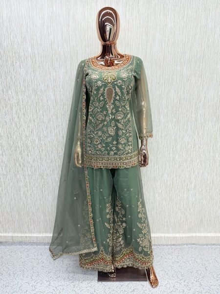Intricate Green Heavy Dola Silk Palazzo Outfit with Sequins Top and Worked Dupatta Designer Plazzo Salwar Suits Wholesale