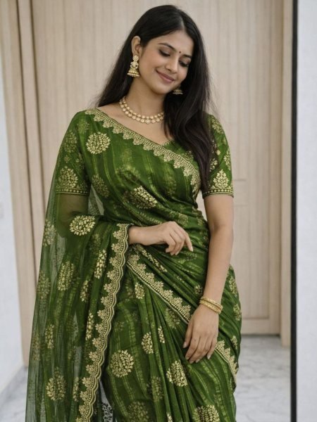 Intricate Green Moss Georgette Saree with Embroidery for Party Wear Women Sarees 