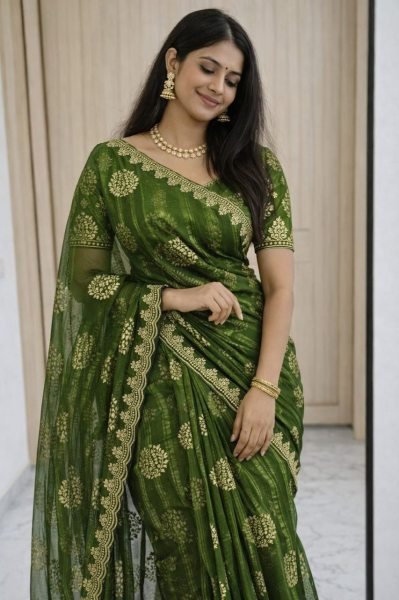 Intricate Green Moss Georgette Saree with Embroidery for Party Wear Women Embroidery Sarees Wholesale