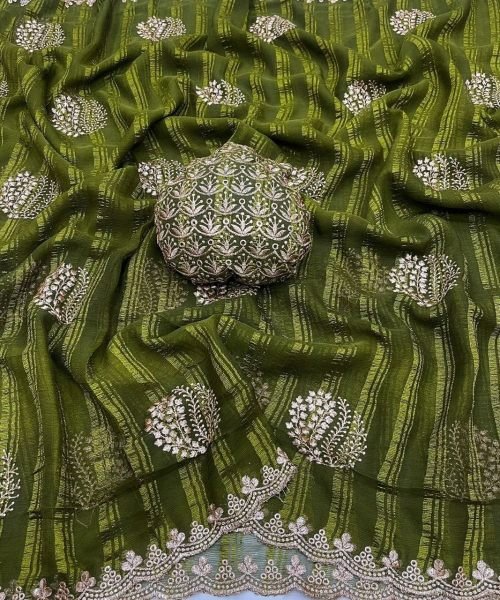 Intricate Green Moss Georgette Saree with Embroidery for Party Wear Women Embroidery Sarees Wholesale