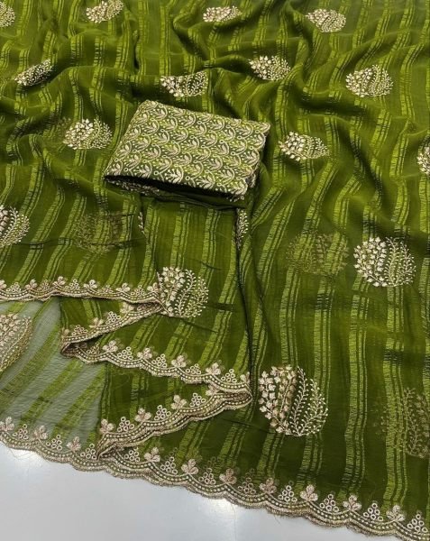 Intricate Green Moss Georgette Saree with Embroidery for Party Wear Women Embroidery Sarees Wholesale