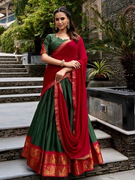 Intricate Green Red Poly Cotton Lehenga with Canvas Stitching and Inner for Festival 