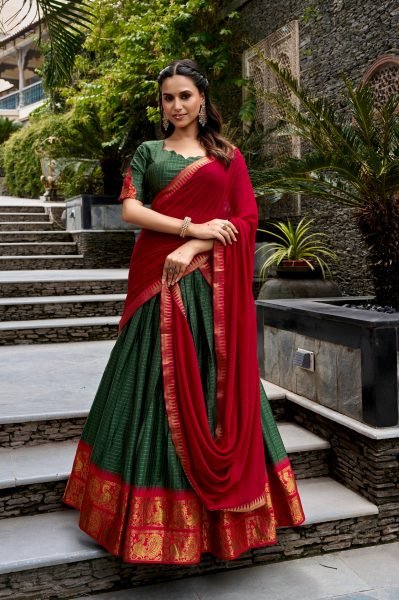 Intricate Green Red Poly Cotton Lehenga with Canvas Stitching and Inner for Festival Half Saree Lehenga