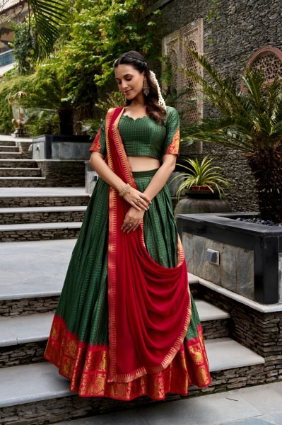 Intricate Green Red Poly Cotton Lehenga with Canvas Stitching and Inner for Festival Half Saree Lehenga