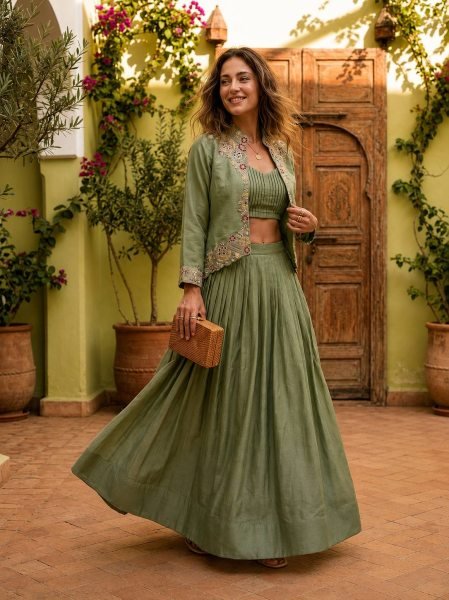 Intricate Green Zazu Silk Jacket Lehenga Set with Embroidery and Sequins Work Designer Lehenga Choli