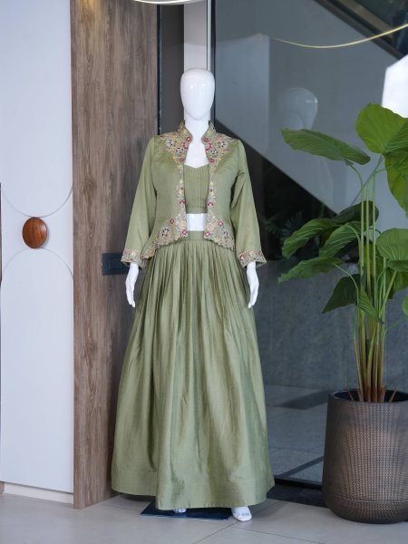 Intricate Green Zazu Silk Jacket Lehenga Set with Embroidery and Sequins Work Designer Lehenga Choli