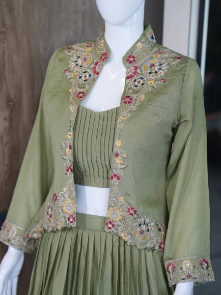Intricate Green Zazu Silk Jacket Lehenga Set with Embroidery and Sequins Work Designer Lehenga Choli