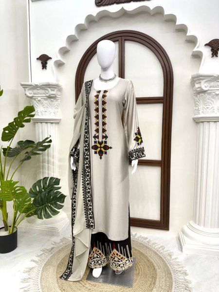 Intricate Grey Rayon Satin Straight Cut Kurti Set With Thread Work Palazzo For Wholesaler Price  Ready To Wear Collection