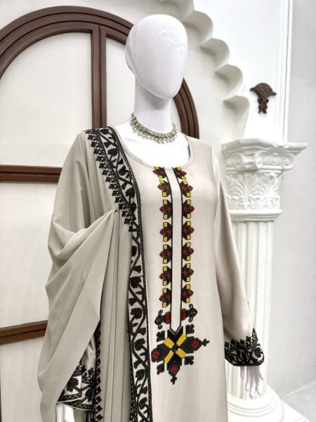 Intricate Grey Rayon Satin Straight Cut Kurti Set With Thread Work Palazzo For Wholesaler Price  Ready To Wear Collection