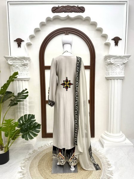 Intricate Grey Rayon Satin Straight Cut Kurti Set With Thread Work Palazzo For Wholesaler Price  Ready To Wear Collection