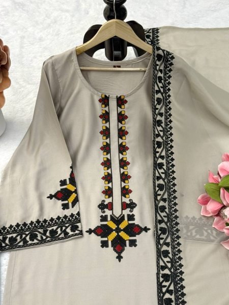 Intricate Grey Rayon Satin Straight Cut Kurti Set With Thread Work Palazzo For Wholesaler Price  Ready To Wear Collection