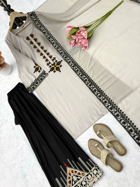 Intricate Grey Rayon Satin Straight Cut Kurti Set With Thread Work Palazzo For Wholesaler Price  Ready To Wear Collection