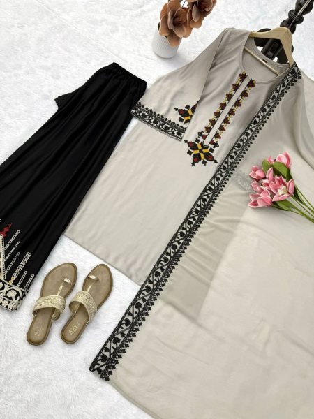 Intricate Grey Rayon Satin Straight Cut Kurti Set With Thread Work Palazzo For Wholesaler Price  Ready To Wear Collection