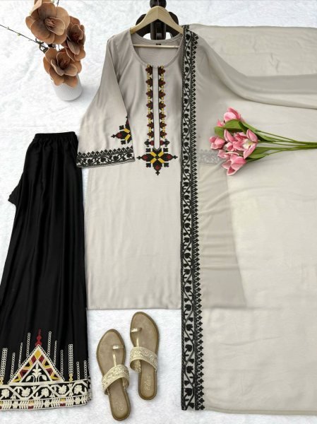 Intricate Grey Rayon Satin Straight Cut Kurti Set With Thread Work Palazzo For Wholesaler Price  Ready To Wear Collection