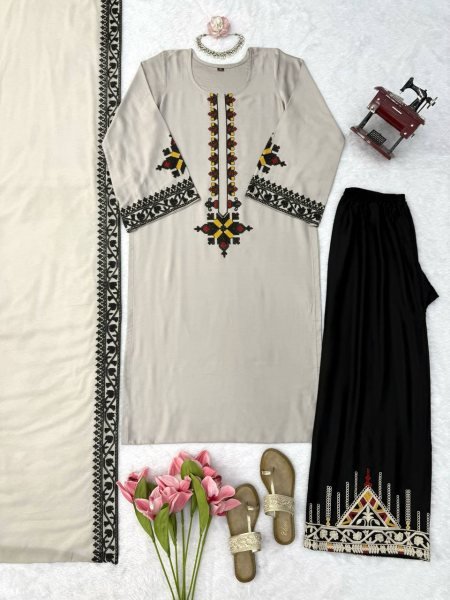 Intricate Grey Rayon Satin Straight Cut Kurti Set With Thread Work Palazzo For Wholesaler Price  Ready To Wear Collection