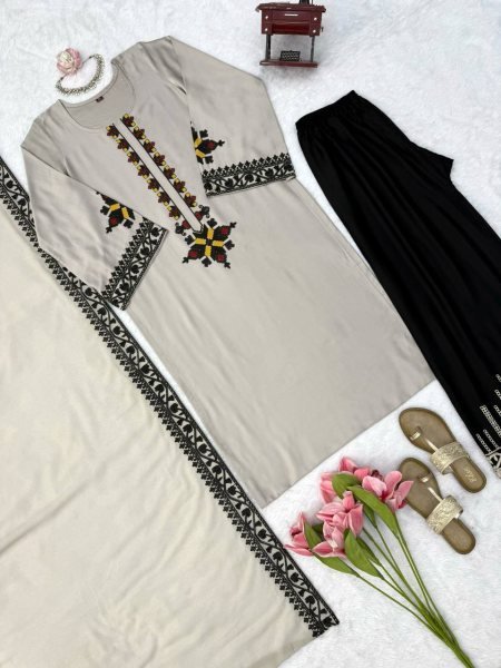 Intricate Grey Rayon Satin Straight Cut Kurti Set With Thread Work Palazzo For Wholesaler Price  Ready To Wear Collection