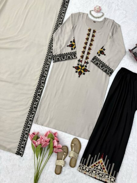 Intricate Grey Rayon Satin Straight Cut Kurti Set With Thread Work Palazzo For Wholesaler Price  Ready To Wear Collection