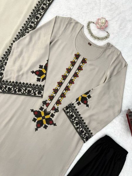 Intricate Grey Rayon Satin Straight Cut Kurti Set With Thread Work Palazzo For Wholesaler Price  Ready To Wear Collection