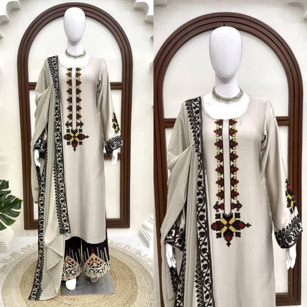 Intricate Grey Rayon Satin Straight Cut Kurti Set With Thread Work Palazzo For Wholesaler Price  Ready To Wear Collection