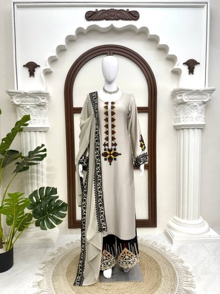 Intricate Grey Rayon Satin Straight Cut Kurti Set With Thread Work Palazzo For Wholesaler Price  Ready To Wear Collection