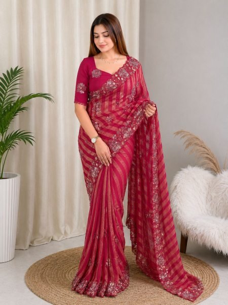 Intricate Hot Pink Chiffon Saree with Zari Strips and Heavy Tone on Tone Thread Work Sarees 
