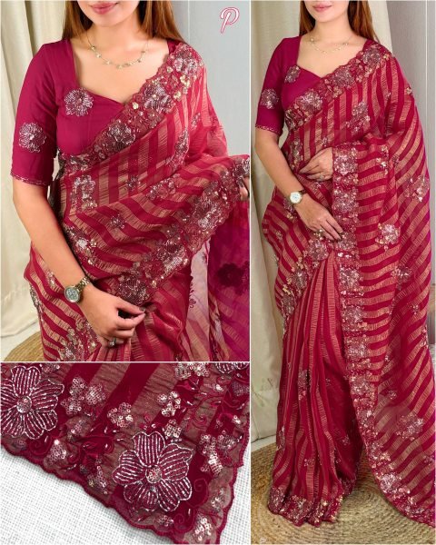 Intricate Hot Pink Chiffon Saree with Zari Strips and Heavy Tone on Tone Thread Work Pure Chiffon Sarees Wholesale