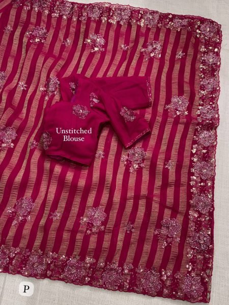 Intricate Hot Pink Chiffon Saree with Zari Strips and Heavy Tone on Tone Thread Work Pure Chiffon Sarees Wholesale