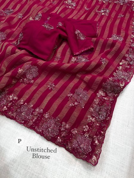 Intricate Hot Pink Chiffon Saree with Zari Strips and Heavy Tone on Tone Thread Work Pure Chiffon Sarees Wholesale