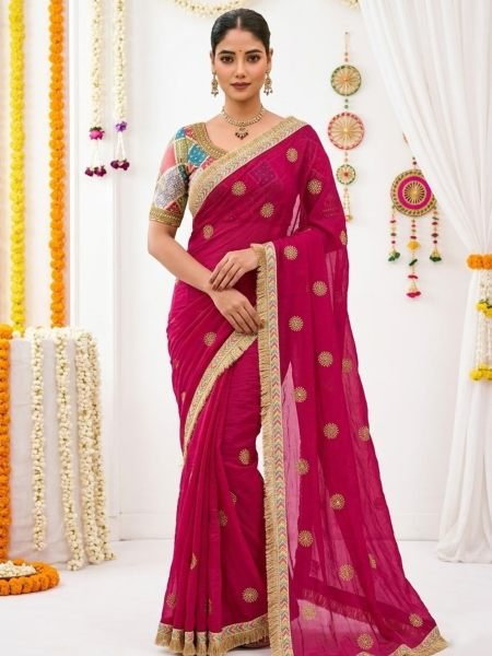 Intricate Hot Pink Designer Fendy Satin Wedding Saree with Printed Blouse For Party 