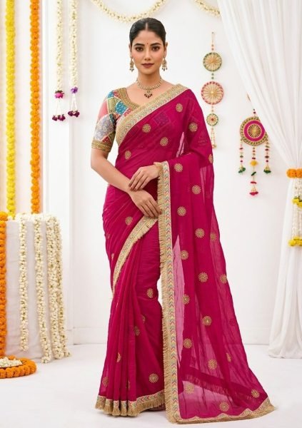 Intricate Hot Pink Designer Fendy Satin Wedding Saree with Printed Blouse For Party Designer Wedding Sarees Wholesale