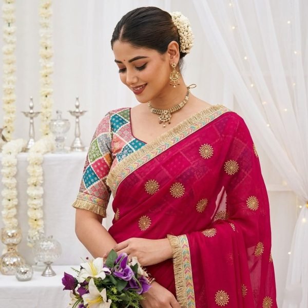 Intricate Hot Pink Designer Fendy Satin Wedding Saree with Printed Blouse For Party Designer Wedding Sarees Wholesale