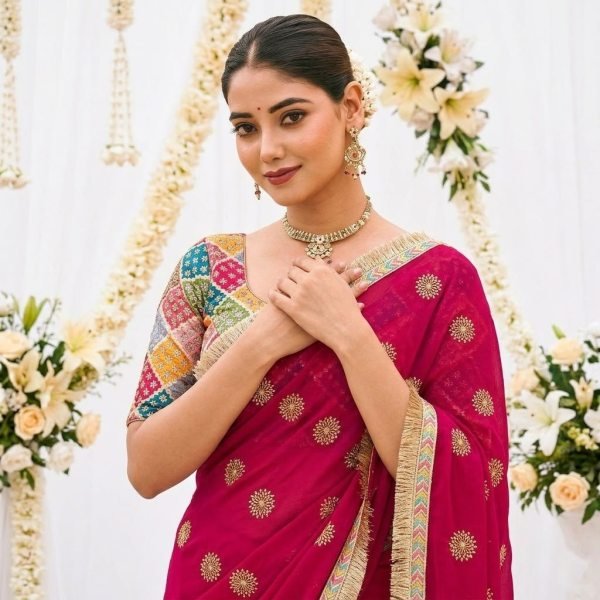 Intricate Hot Pink Designer Fendy Satin Wedding Saree with Printed Blouse For Party Designer Wedding Sarees Wholesale