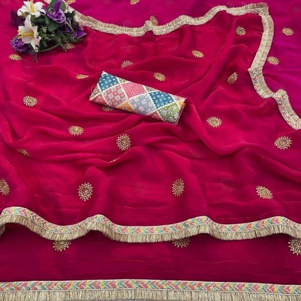 Intricate Hot Pink Designer Fendy Satin Wedding Saree with Printed Blouse For Party Designer Wedding Sarees Wholesale